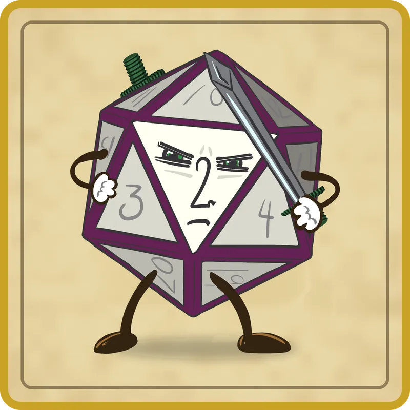 A stern purple-edged d20 swordsman with green eyes, a sword resting on his shoulder