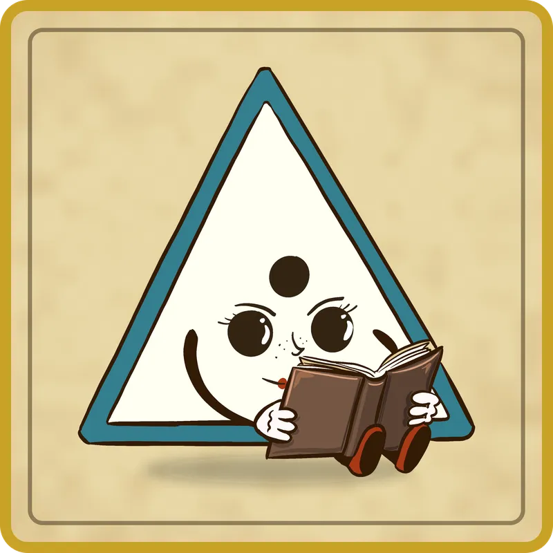 A triangular d4 scholar with freckles, sitting and reading a brown book