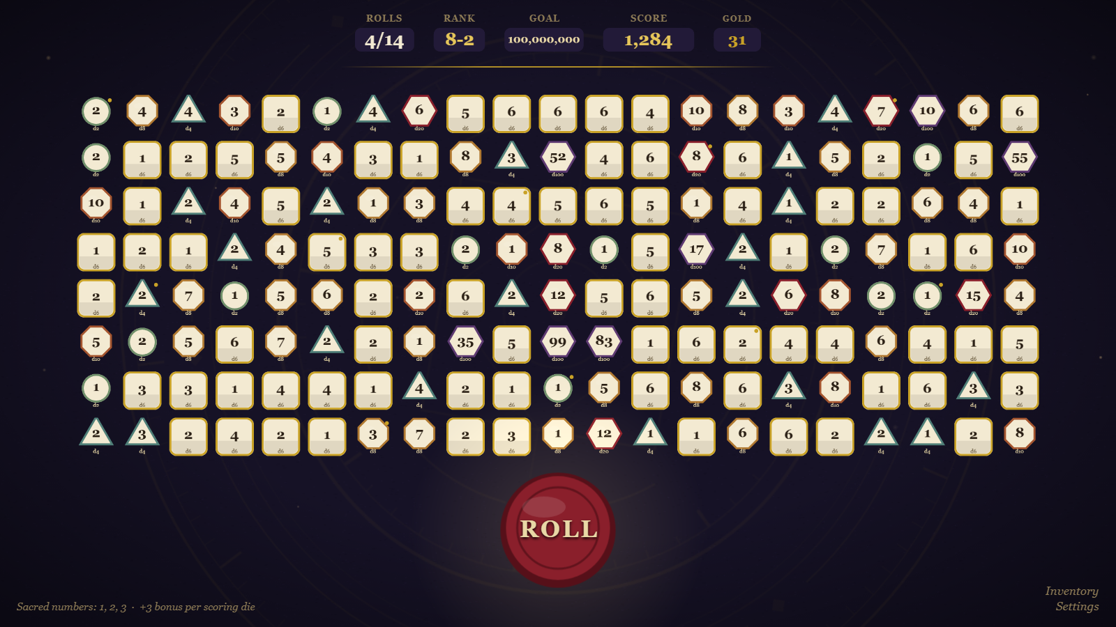 Late-run gameplay showing a large grid of differently shaped dice
