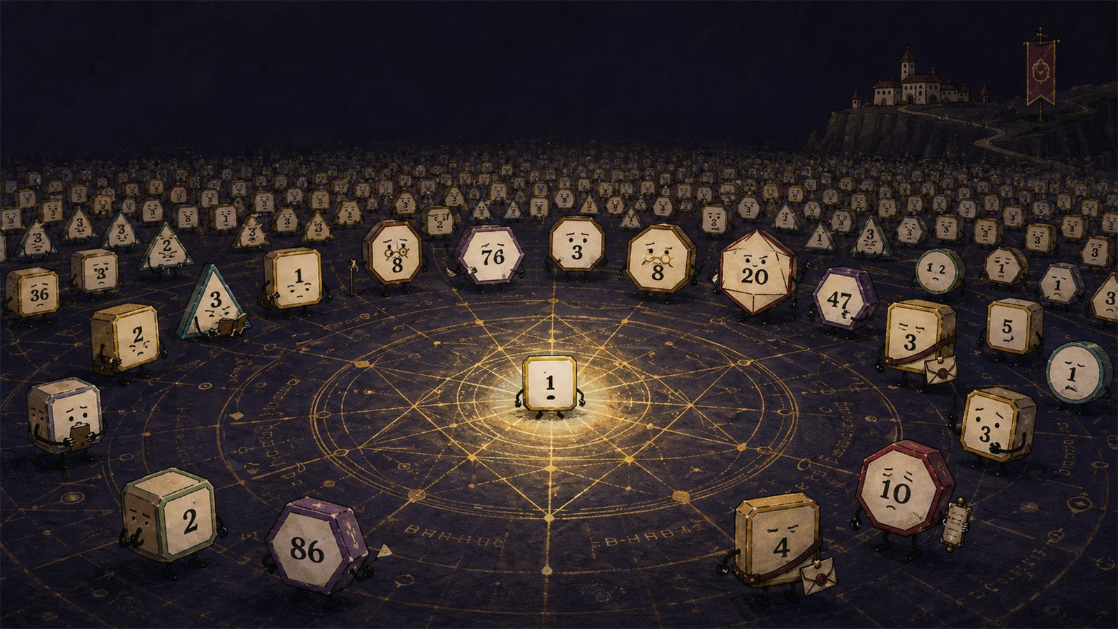 A small settled die at the center of a sacred diagram, watched by a vast congregation